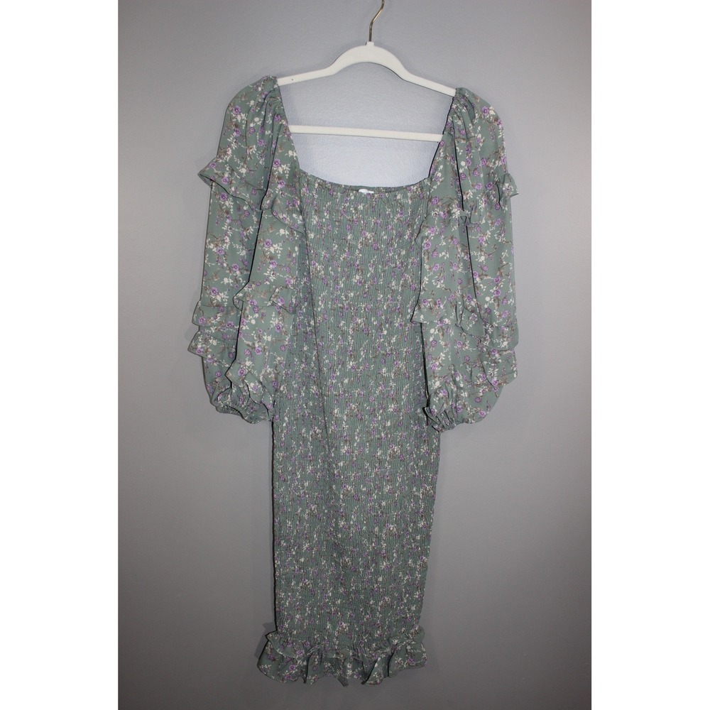 Petal + Pup Dress 6 Green Floral Smocked Ruffle Puff Sleeve Midi Great Y2K